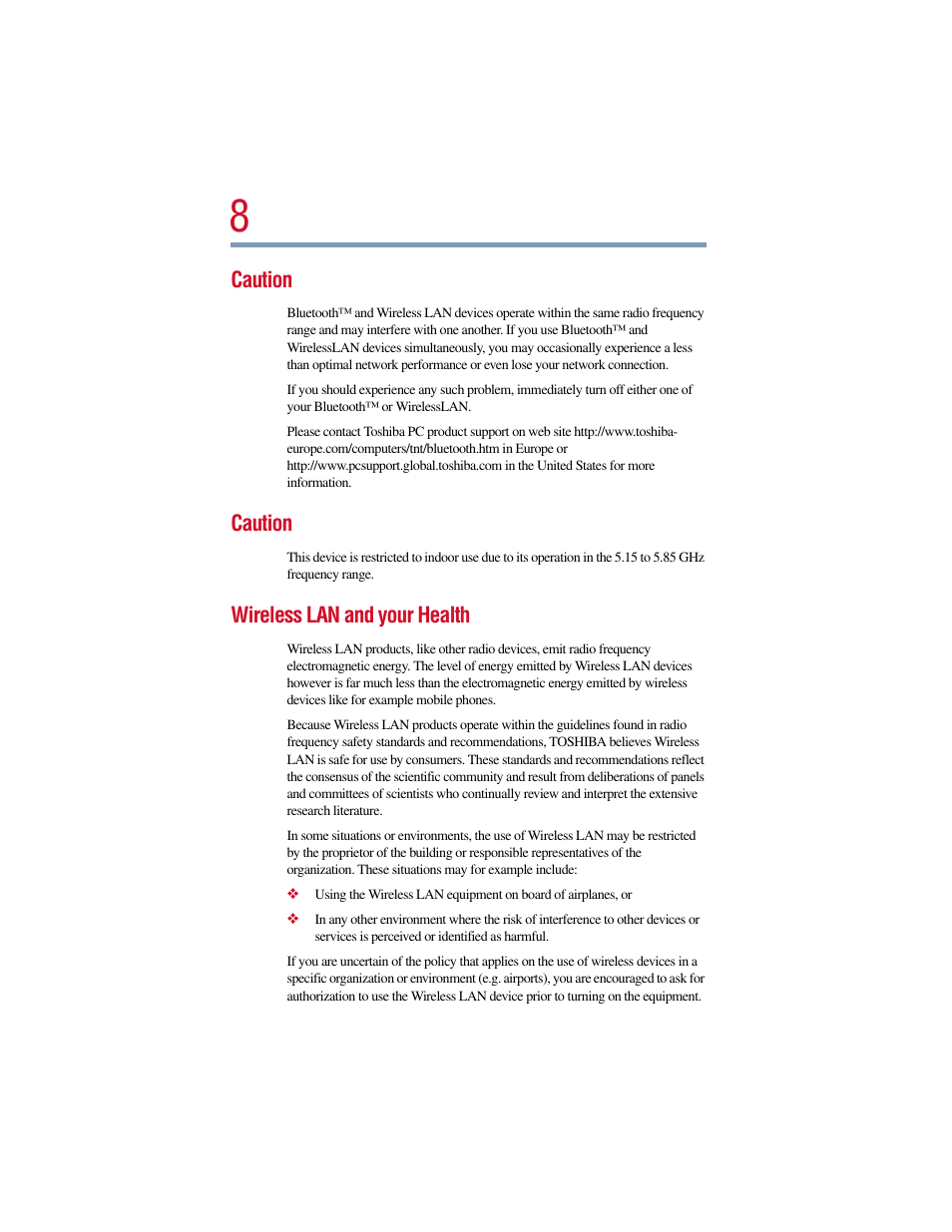 Caution, Wireless lan and your health | Toshiba Satellite Pro 6000 Series User Manual | Page 8 / 295