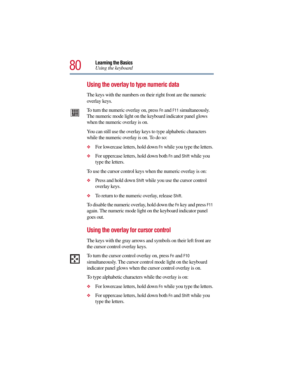 Using the overlay for cursor control, Using the overlay to type numeric data | Toshiba Satellite Pro 6000 Series User Manual | Page 80 / 295