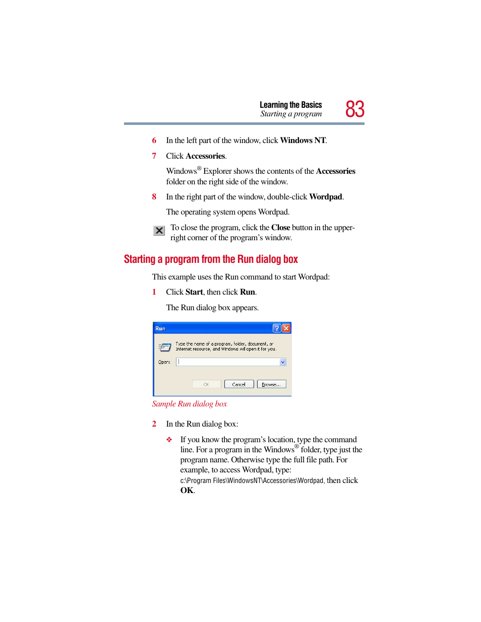 Starting a program from the run dialog box | Toshiba Satellite Pro 6000 Series User Manual | Page 83 / 295