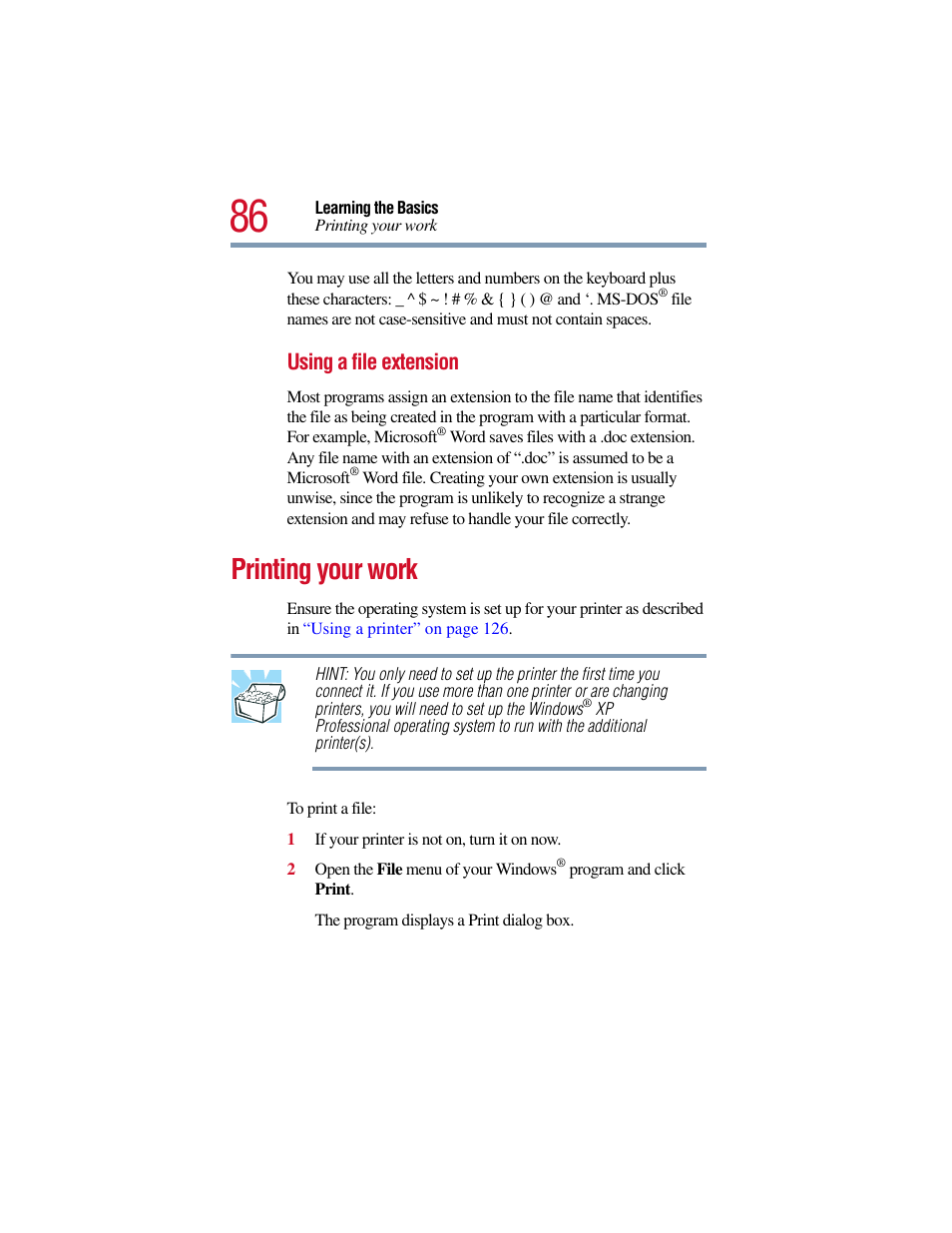 Printing your work, Using a file extension | Toshiba Satellite Pro 6000 Series User Manual | Page 86 / 295