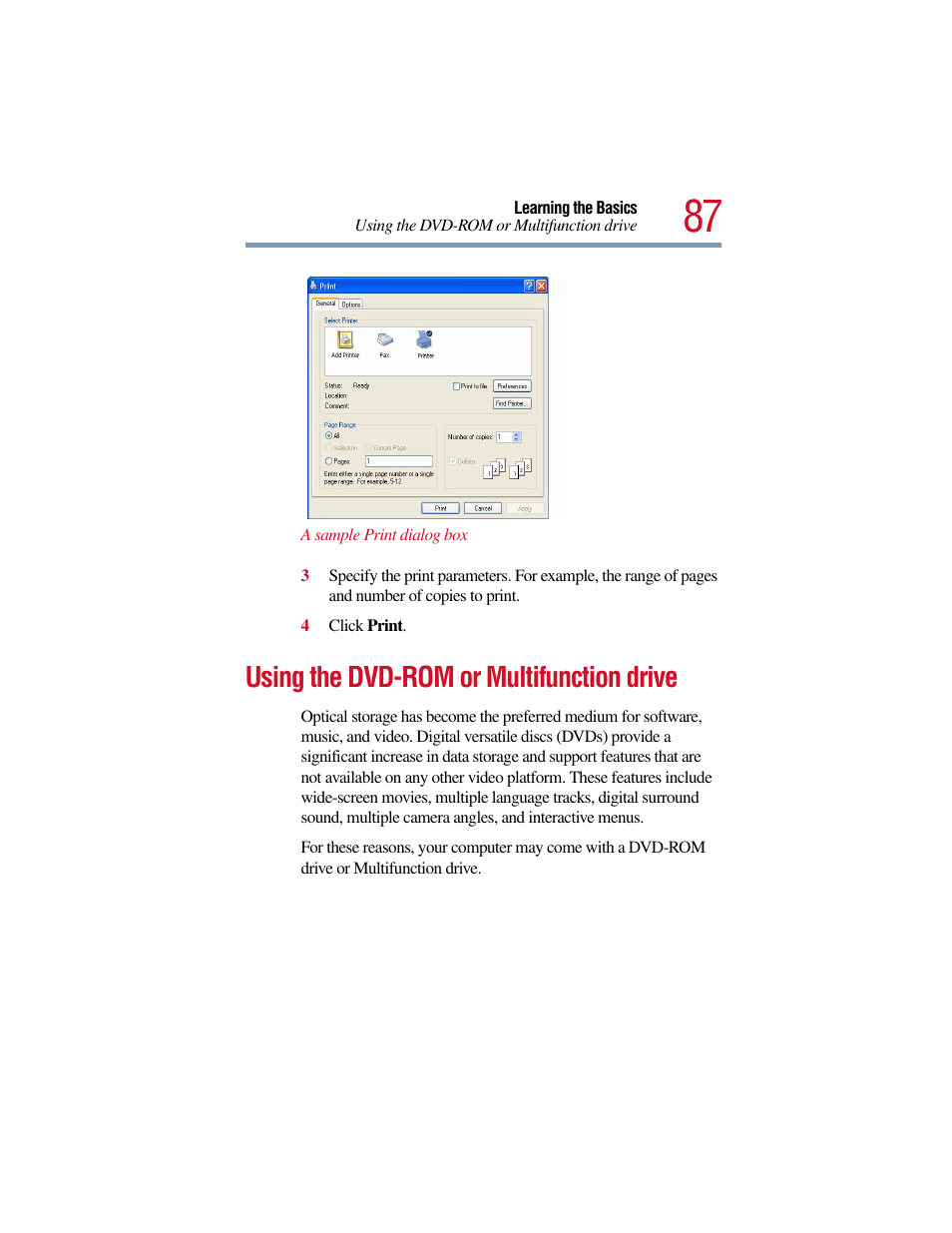 Using the dvd-rom or multifunction drive | Toshiba Satellite Pro 6000 Series User Manual | Page 87 / 295