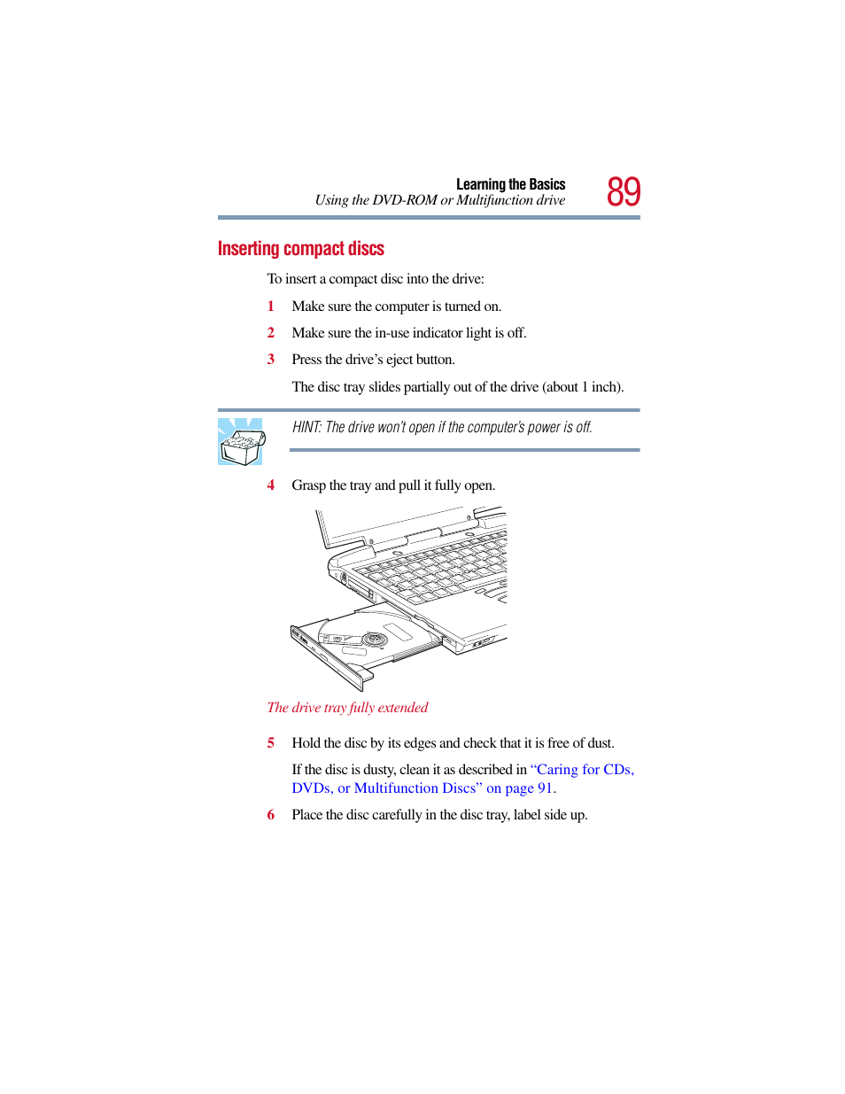 Inserting compact discs | Toshiba Satellite Pro 6000 Series User Manual | Page 89 / 295