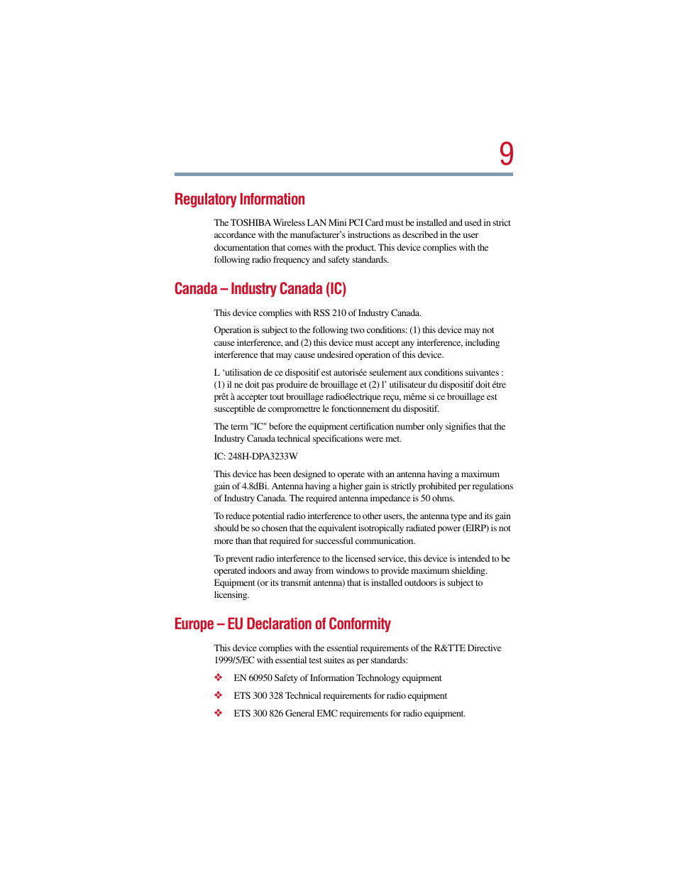 Regulatory information, Canada – industry canada (ic), Europe – eu declaration of conformity | Toshiba Satellite Pro 6000 Series User Manual | Page 9 / 295