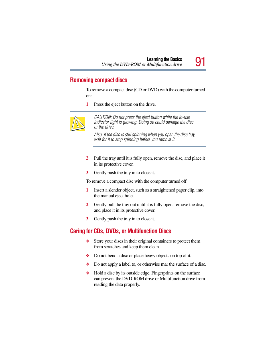 Removing compact discs, Caring for cds, dvds, or multifunction discs, Caring for cds | Toshiba Satellite Pro 6000 Series User Manual | Page 91 / 295