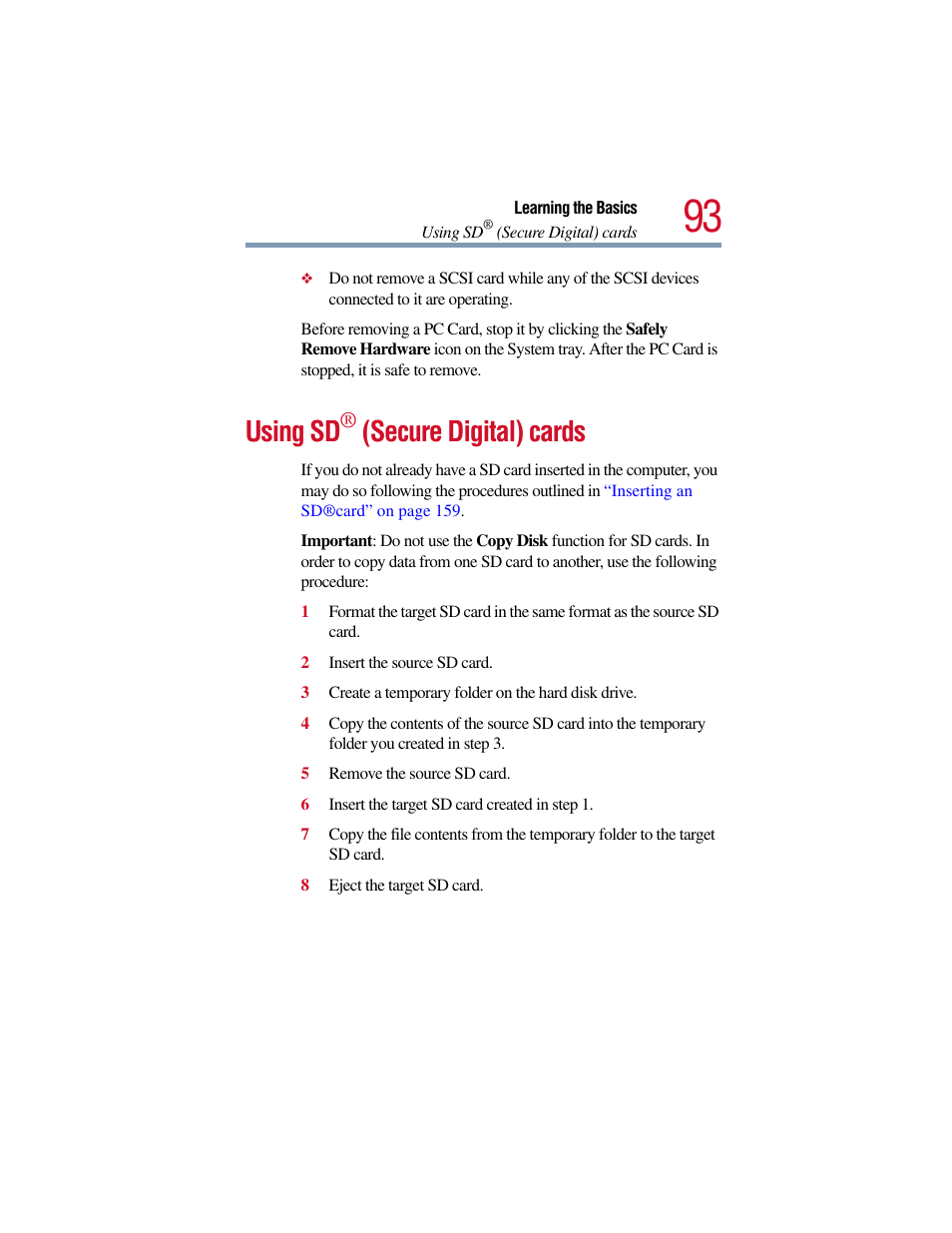 Using sd® (secure digital) cards, Using sd, Secure digital) cards | Toshiba Satellite Pro 6000 Series User Manual | Page 93 / 295