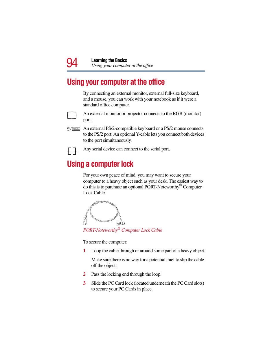 Using your computer at the office, Using a computer lock | Toshiba Satellite Pro 6000 Series User Manual | Page 94 / 295