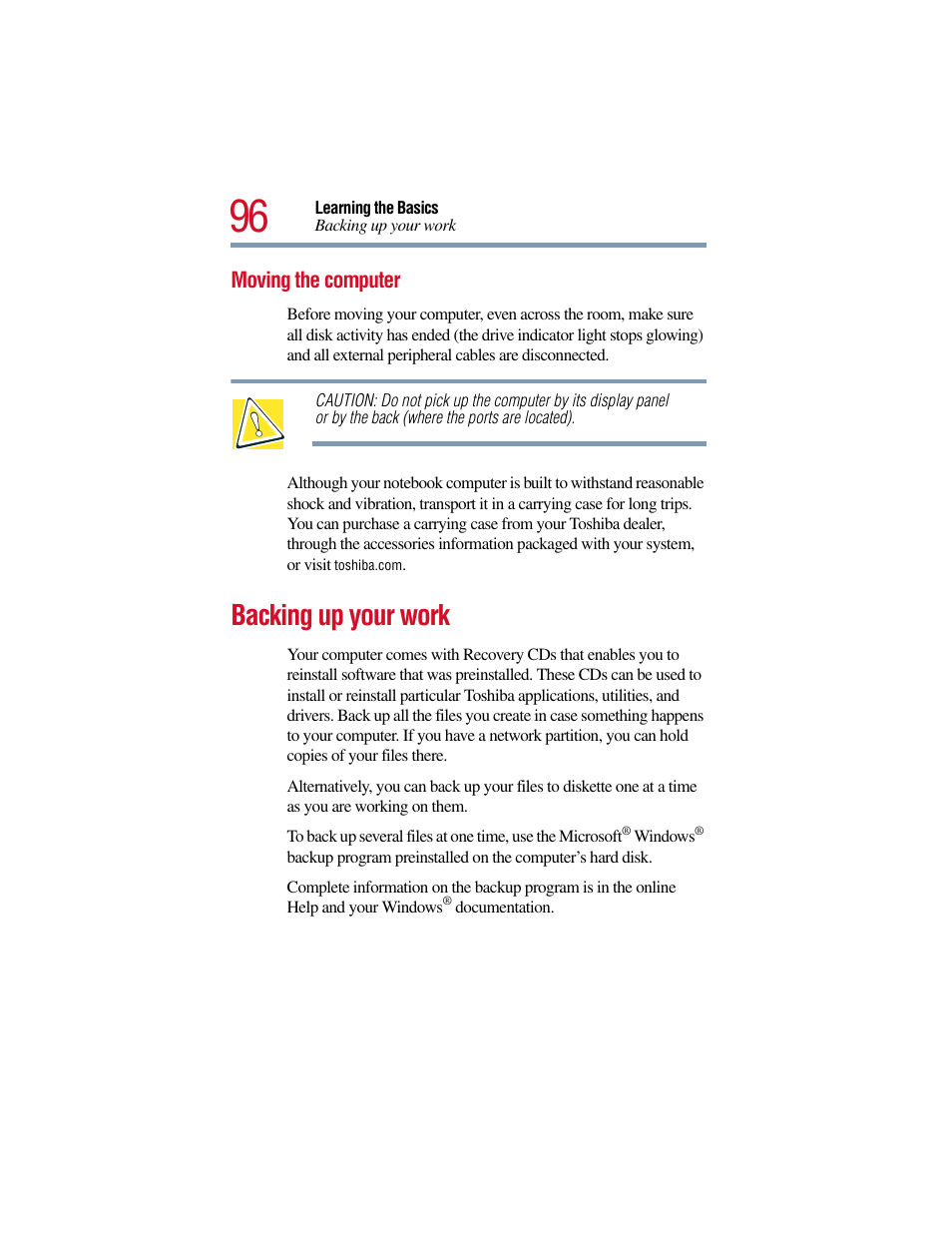 Moving the computer, Backing up your work | Toshiba Satellite Pro 6000 Series User Manual | Page 96 / 295