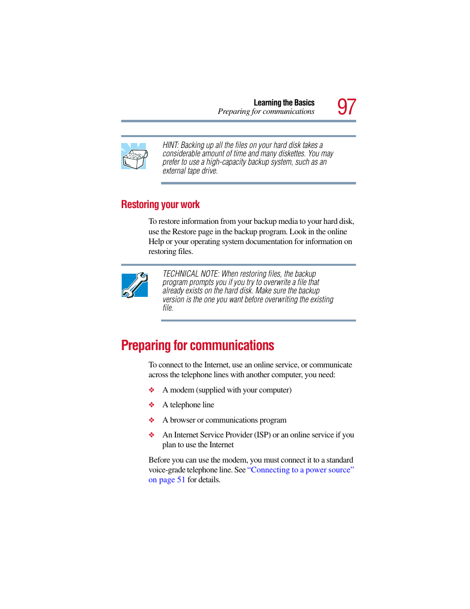 Restoring your work, Preparing for communications | Toshiba Satellite Pro 6000 Series User Manual | Page 97 / 295