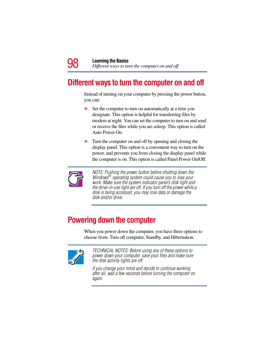 Different ways to turn the computer on and off, Powering down the computer, Ion, see | Powering down the, To learn more about standb | Toshiba Satellite Pro 6000 Series User Manual | Page 98 / 295