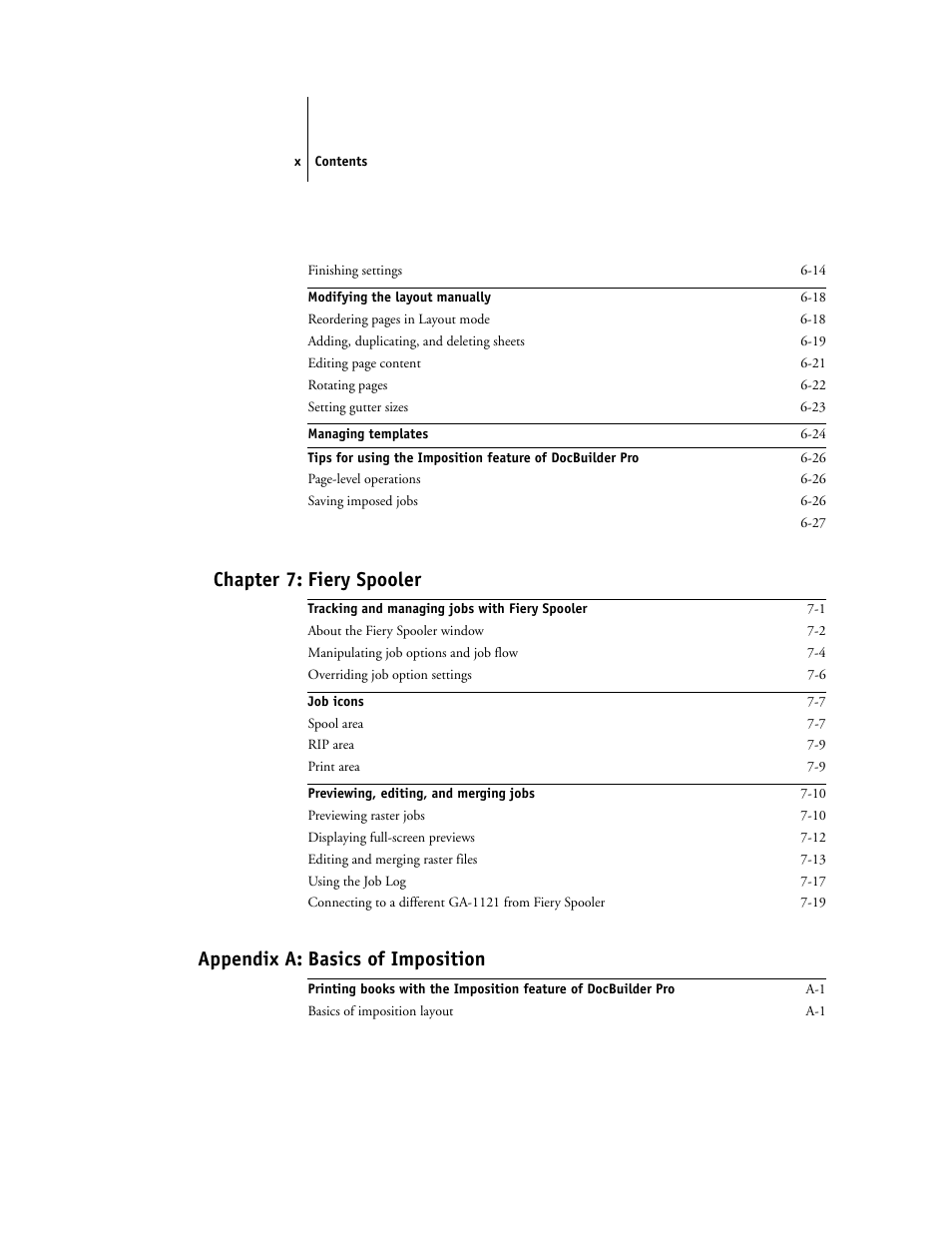 Chapter 7: fiery spooler, Appendix a: basics of imposition | Toshiba FIERY GA-1121 User Manual | Page 10 / 210