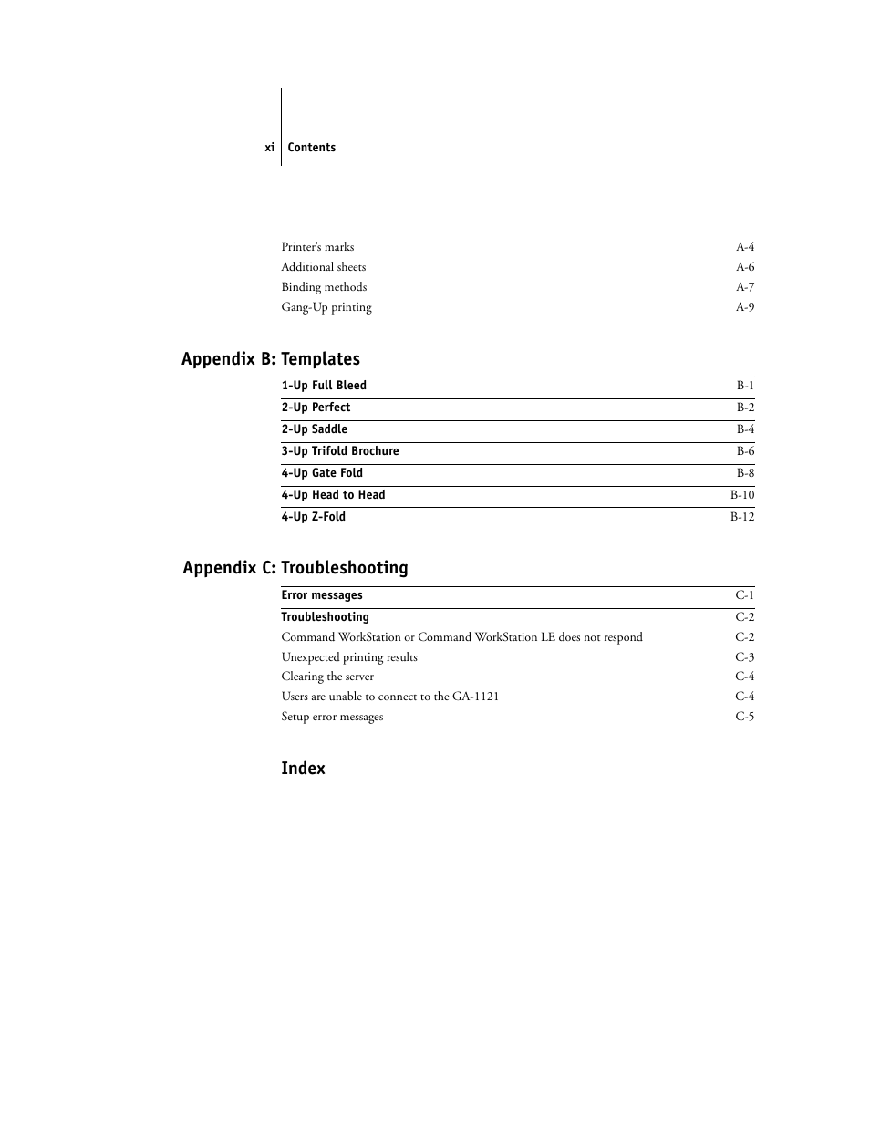 Appendix b: templates, Appendix c: troubleshooting, Index | Toshiba FIERY GA-1121 User Manual | Page 11 / 210