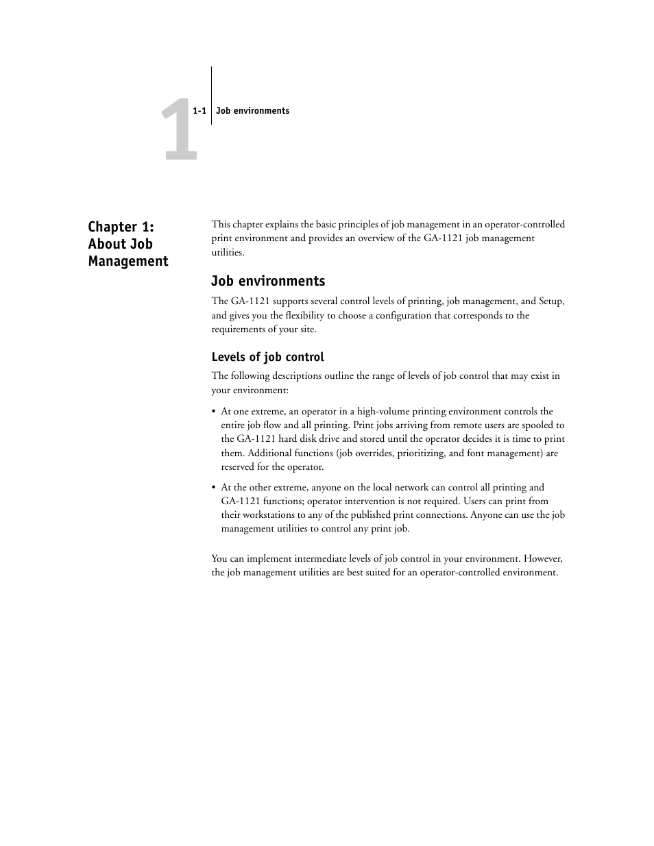 Chapter 1: about job management, Job environments, Levels of job control | Chapter 1 | Toshiba FIERY GA-1121 User Manual | Page 17 / 210