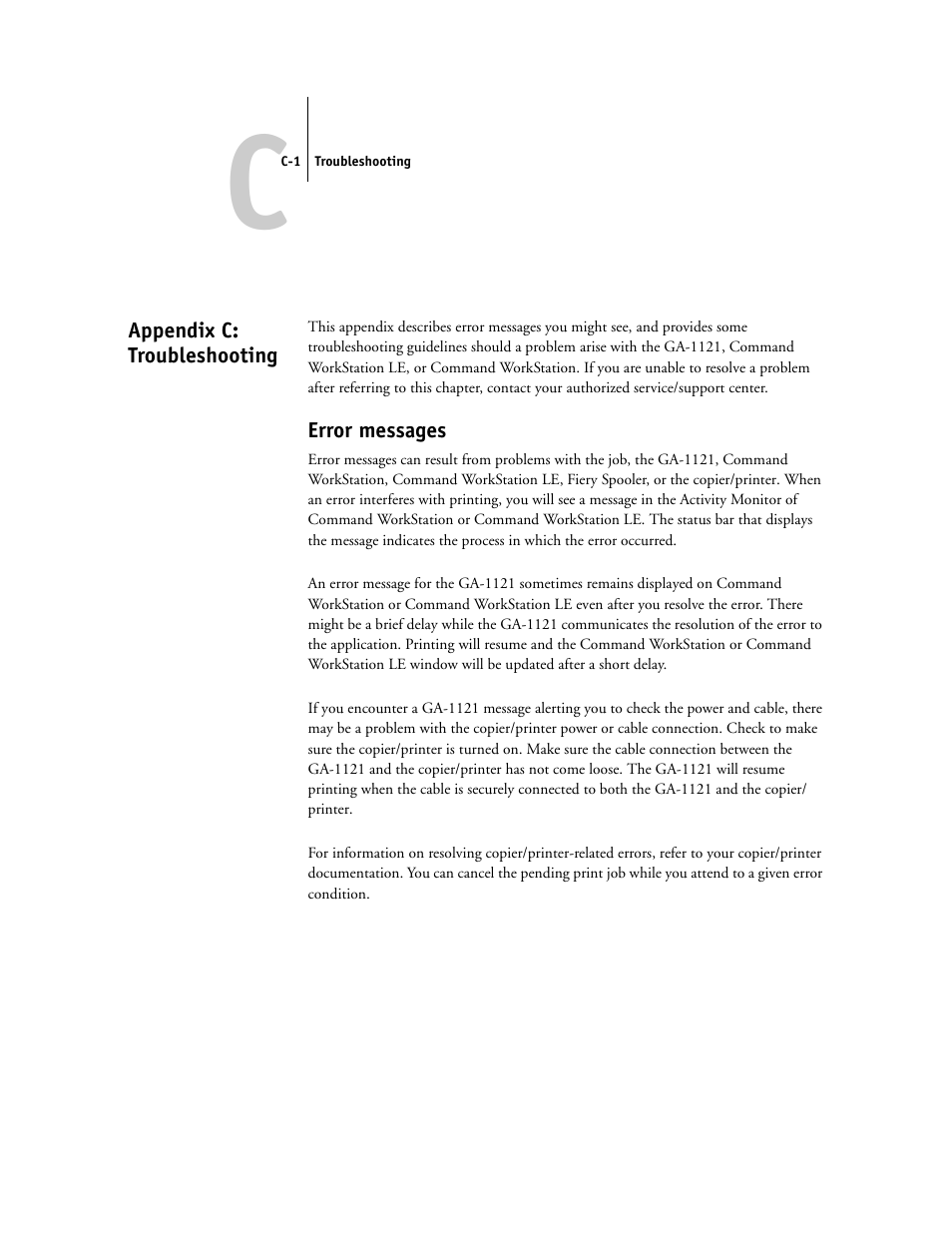 Appendix c: troubleshooting, Error messages, Appendix c | Toshiba FIERY GA-1121 User Manual | Page 195 / 210