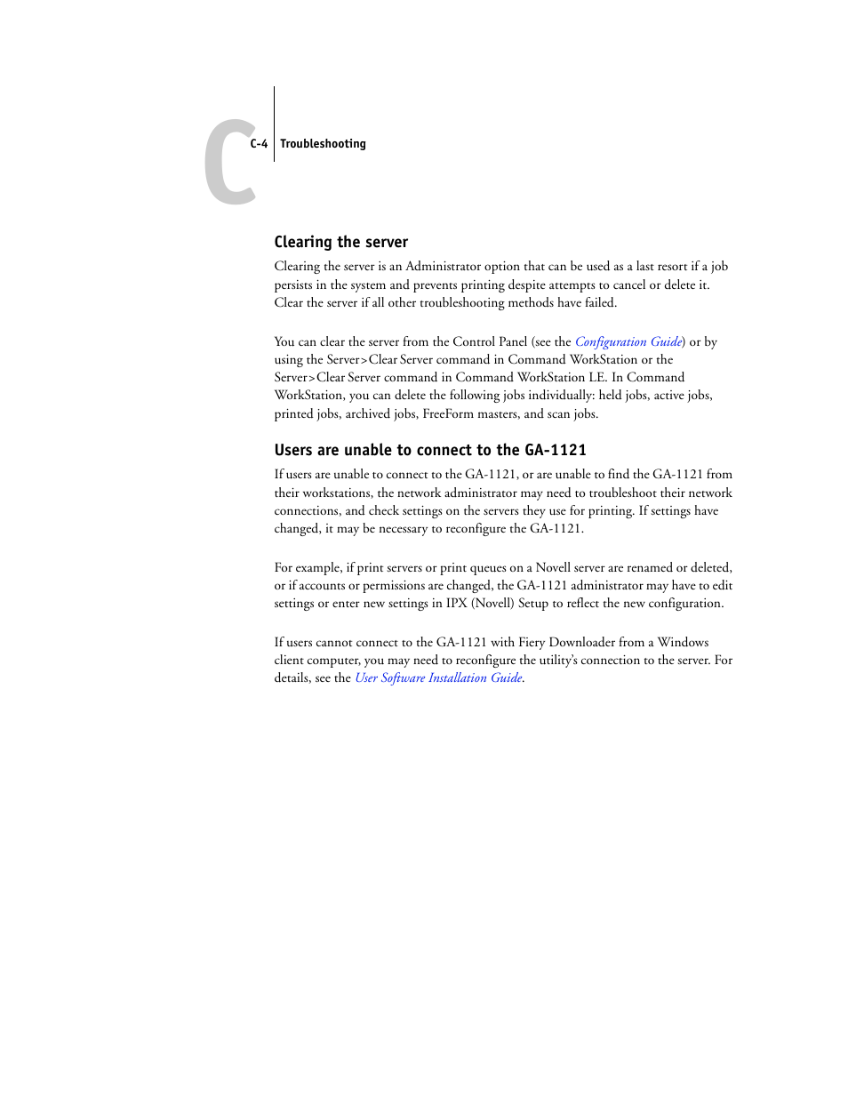 Clearing the server, Users are unable to connect to the ga-1121 | Toshiba FIERY GA-1121 User Manual | Page 198 / 210