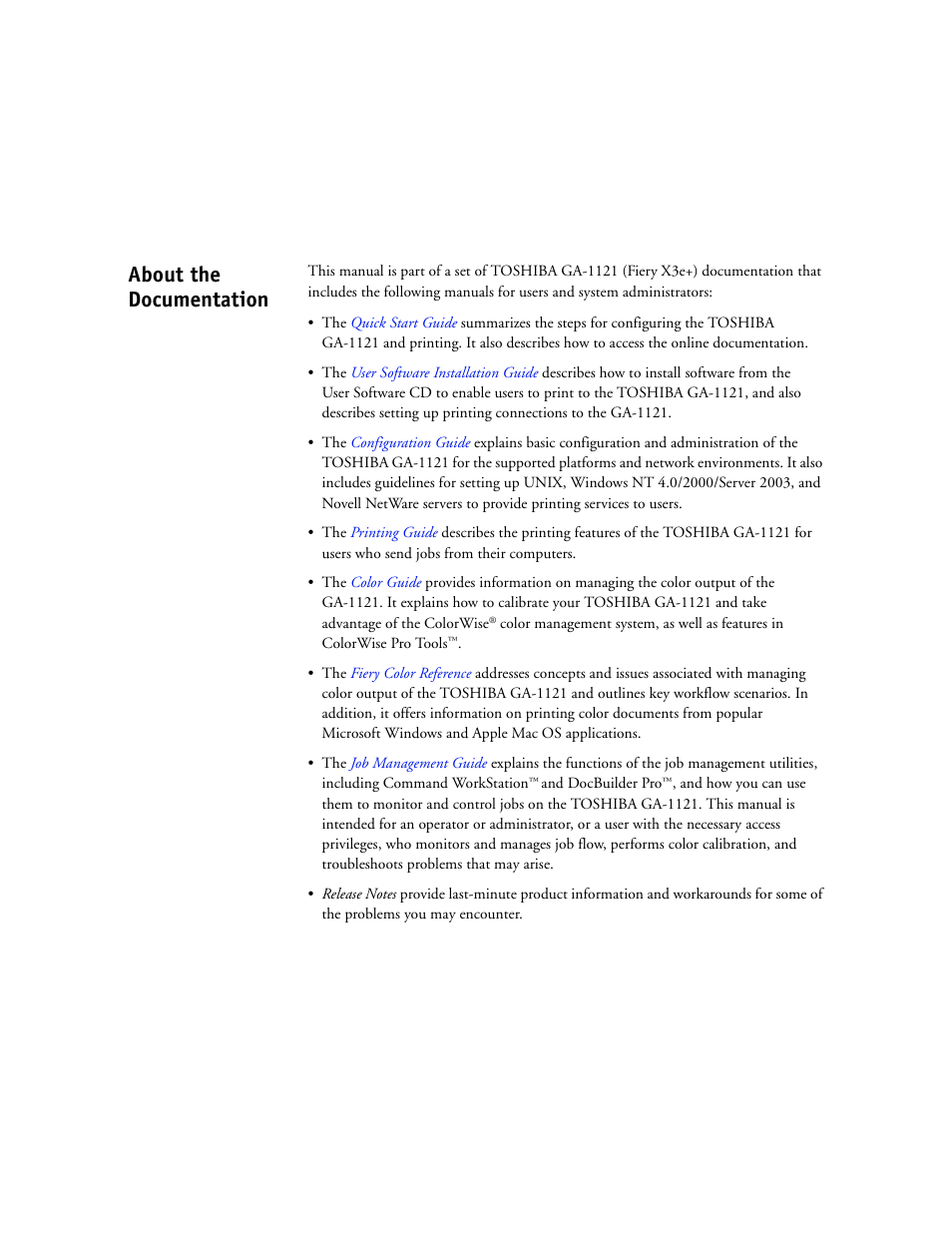 About the documentation | Toshiba FIERY GA-1121 User Manual | Page 2 / 210