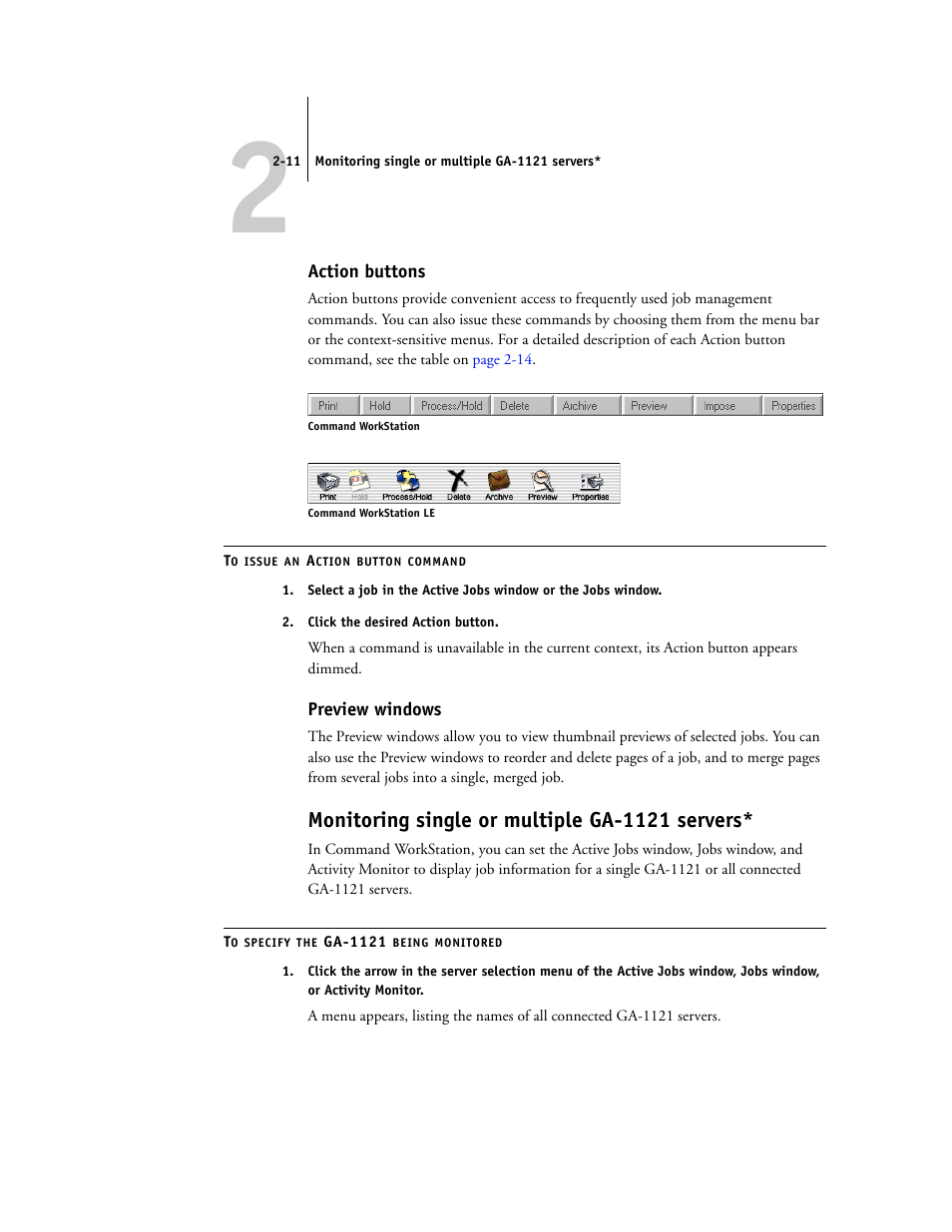 Action buttons, Preview windows, Monitoring single or multiple ga-1121 servers | Toshiba FIERY GA-1121 User Manual | Page 37 / 210