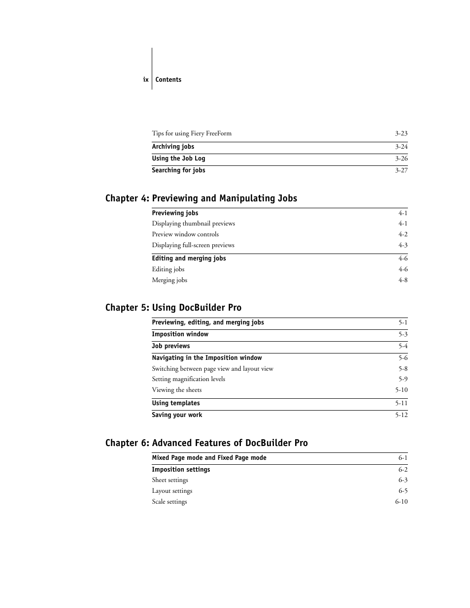 Chapter 4: previewing and manipulating jobs, Chapter 5: using docbuilder pro, Chapter 6: advanced features of docbuilder pro | Toshiba FIERY GA-1121 User Manual | Page 9 / 210