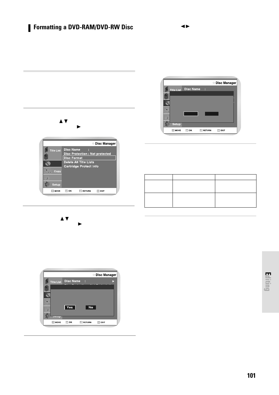 Editing, English - 101, Dvd-rw | Formatting a dvd-ram/dvd-rw disc | Toshiba D-VR3SB User Manual | Page 101 / 110