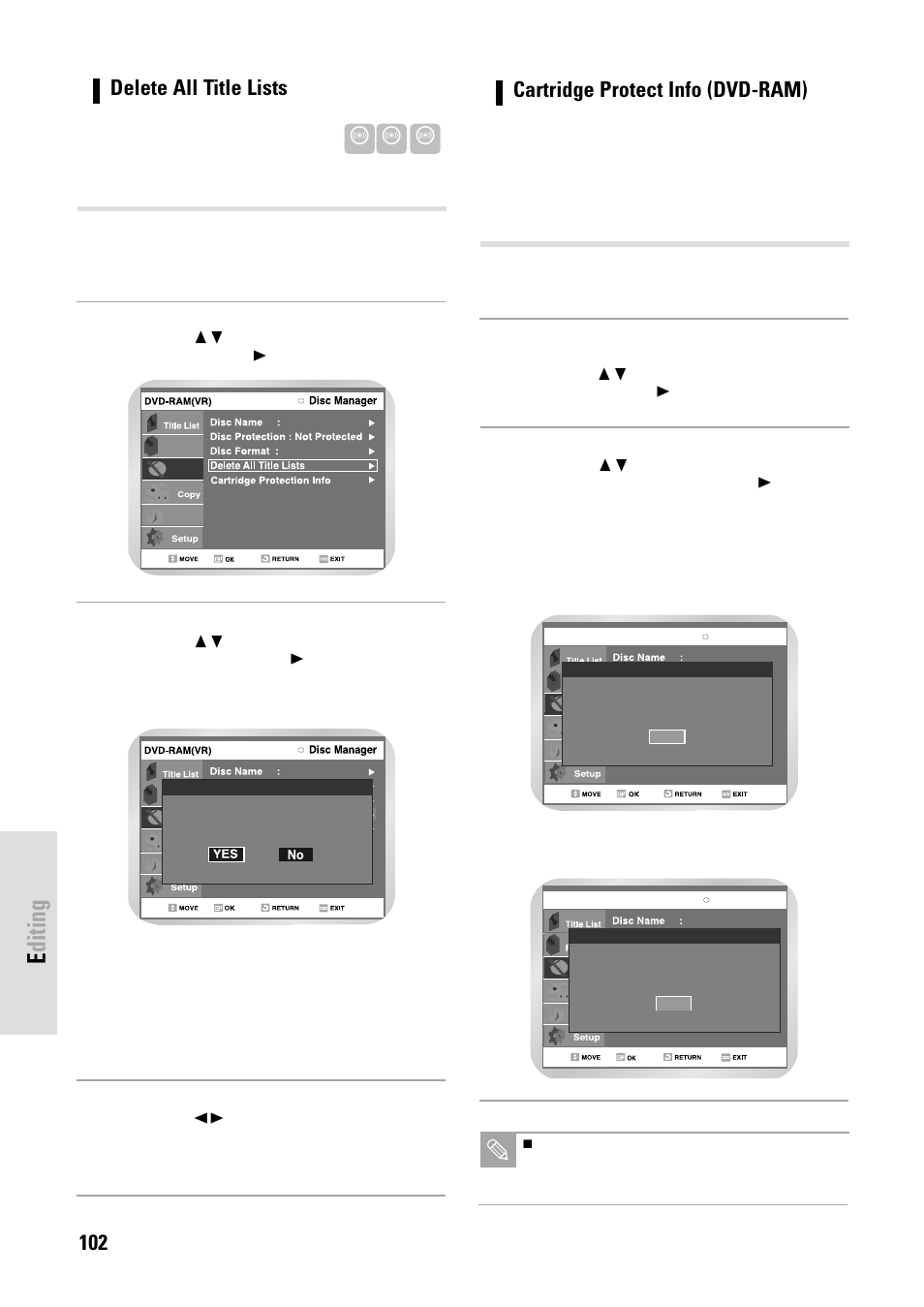 Editing, 102 - english, Delete all title lists | Cartridge protect info (dvd-ram) | Toshiba D-VR3SB User Manual | Page 102 / 110