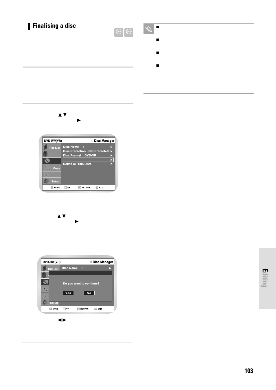 Editing, English - 103, Finalising a disc | Toshiba D-VR3SB User Manual | Page 103 / 110