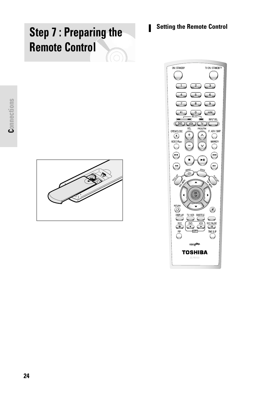 Step 7 : preparing the remote control, Connections, 24 - english | Setting the remote control | Toshiba D-VR3SB User Manual | Page 24 / 110