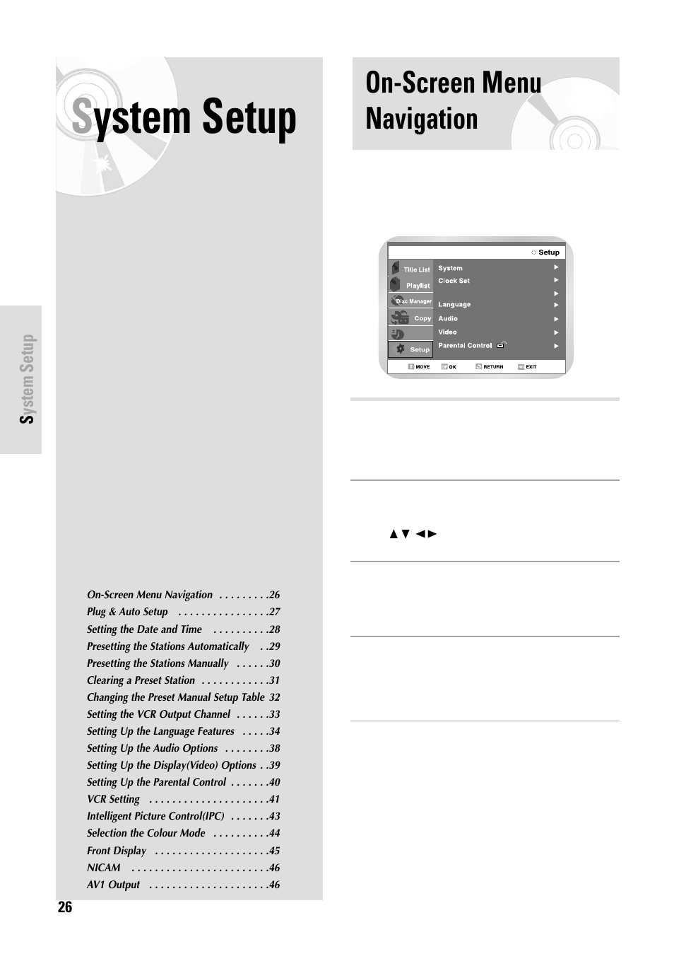 On-screen menu navigation, System setup | Toshiba D-VR3SB User Manual | Page 26 / 110