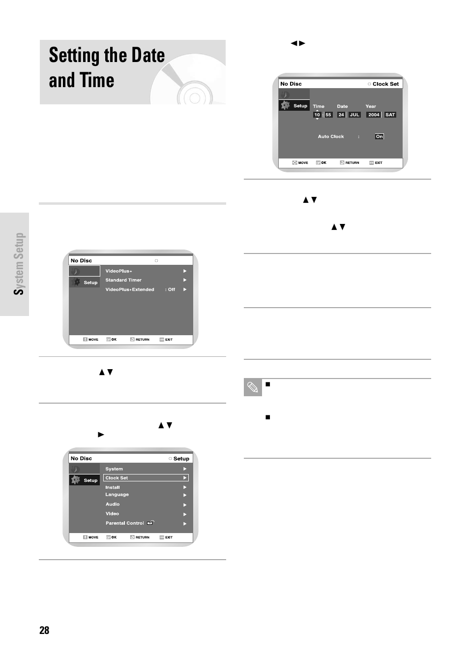 Setting the date and time, System setup | Toshiba D-VR3SB User Manual | Page 28 / 110