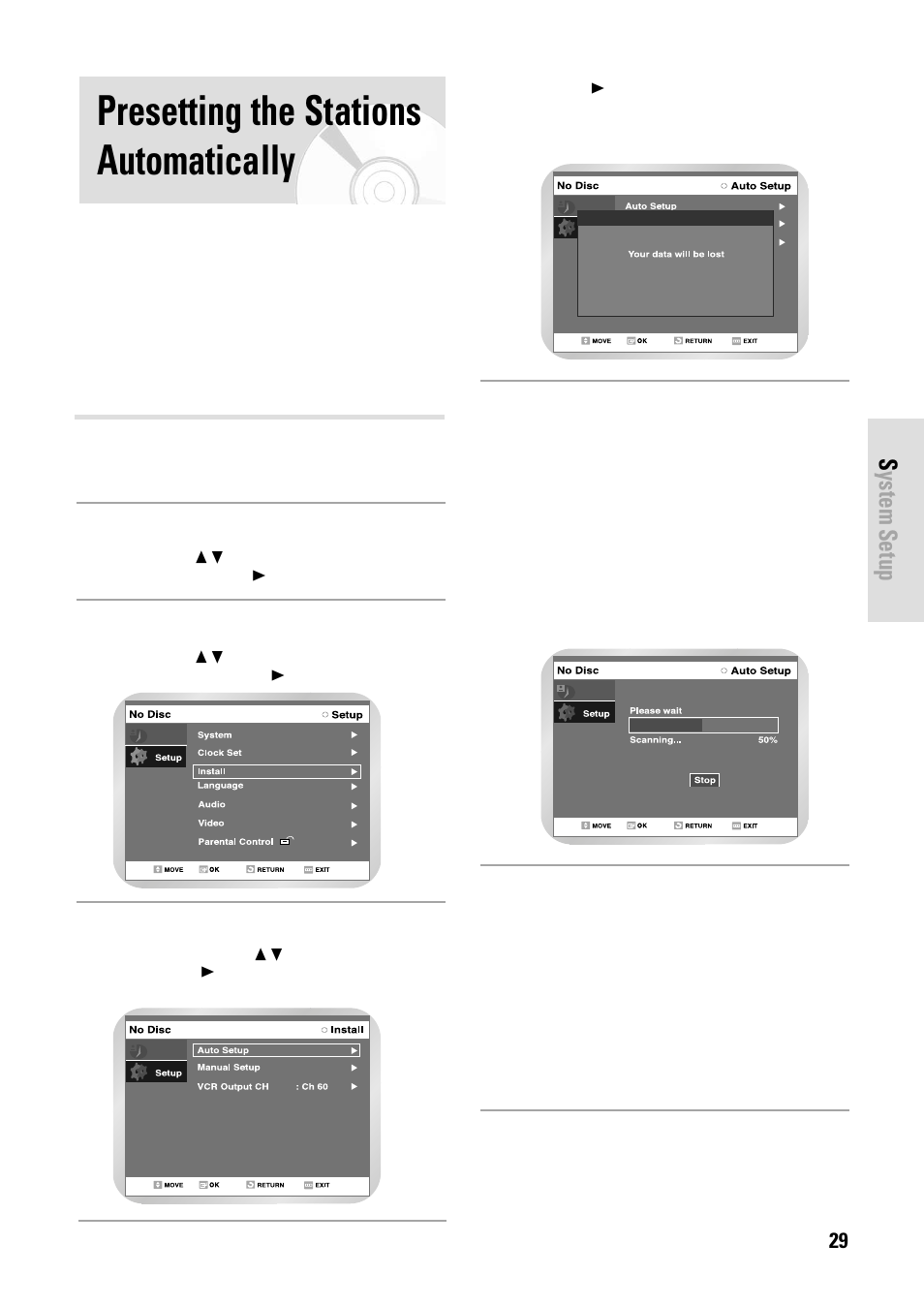 Presetting the stations automatically, System setup | Toshiba D-VR3SB User Manual | Page 29 / 110