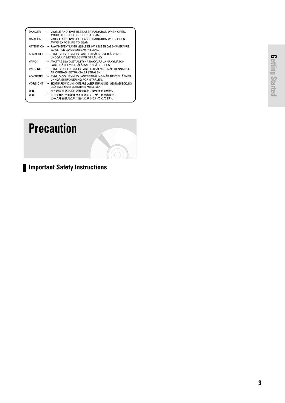 Precaution, Getting started, English - 3 | Important safety instructions | Toshiba D-VR3SB User Manual | Page 3 / 110