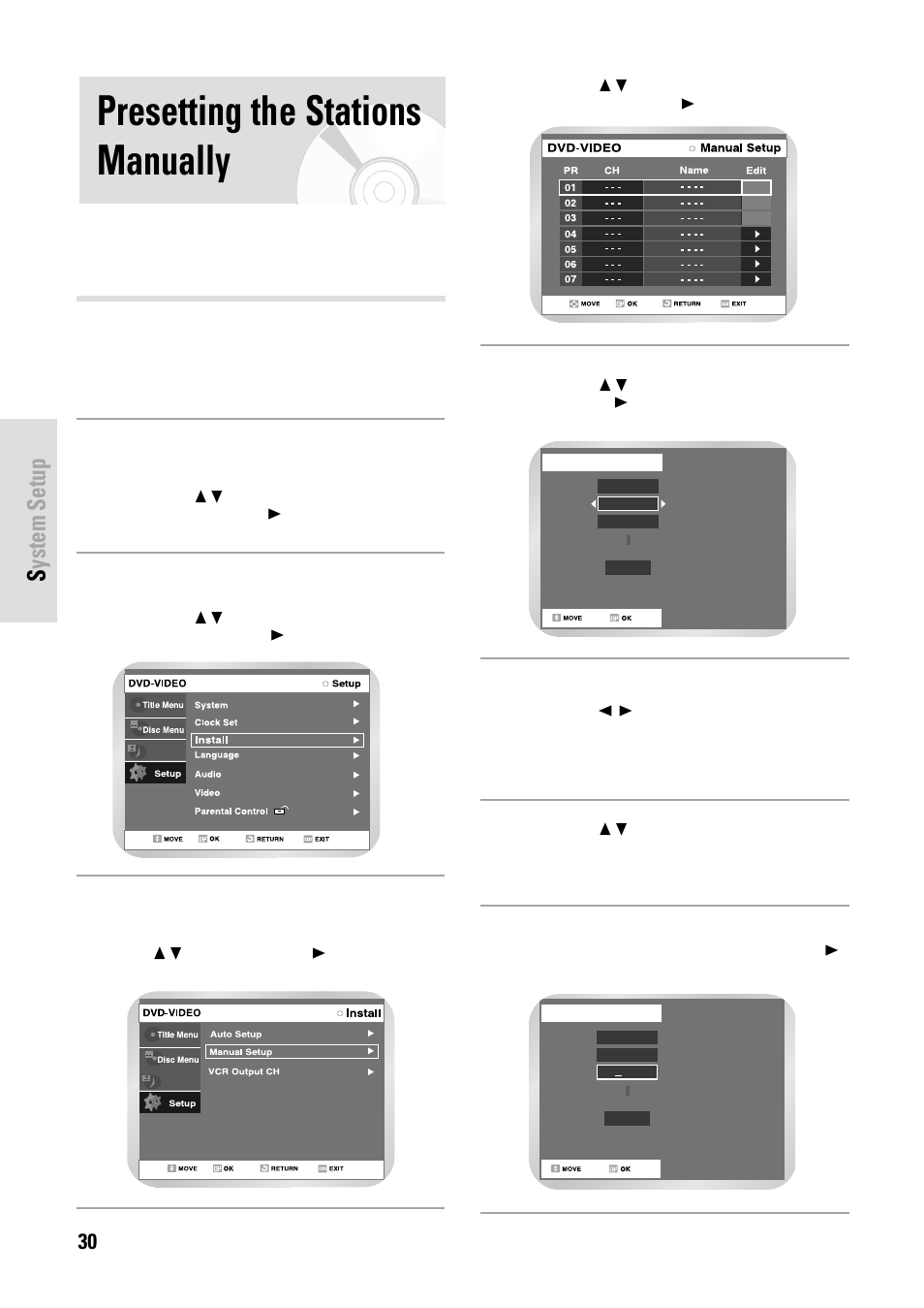 Presetting the stations manually, System setup, 30 - english | Open “menu, Select “setup, Select “install, Select “manual setup | Toshiba D-VR3SB User Manual | Page 30 / 110