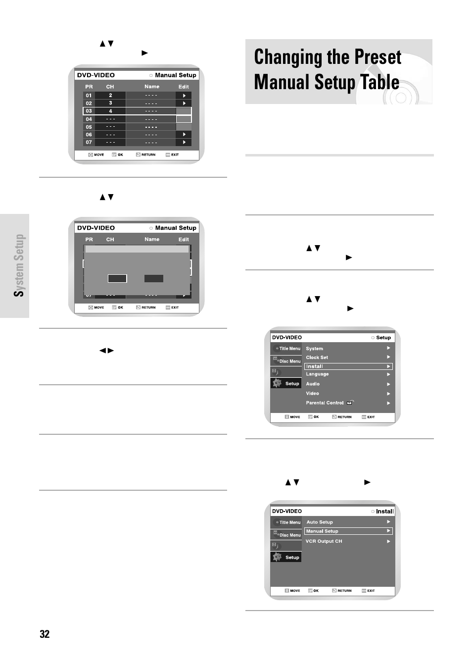 Changing the preset manual setup table, System setup | Toshiba D-VR3SB User Manual | Page 32 / 110