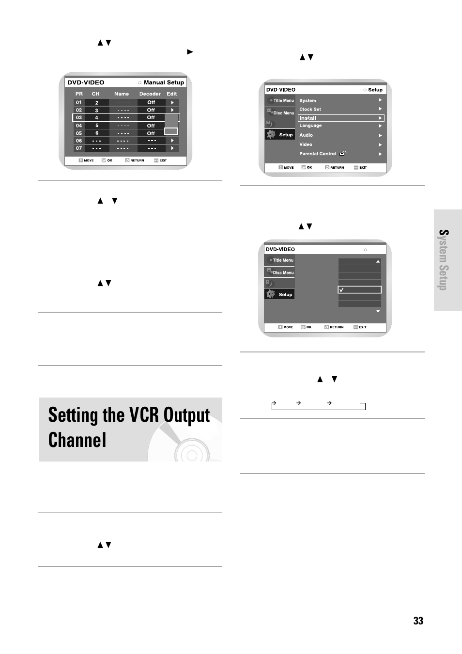 Setting the vcr output channel, System setup | Toshiba D-VR3SB User Manual | Page 33 / 110