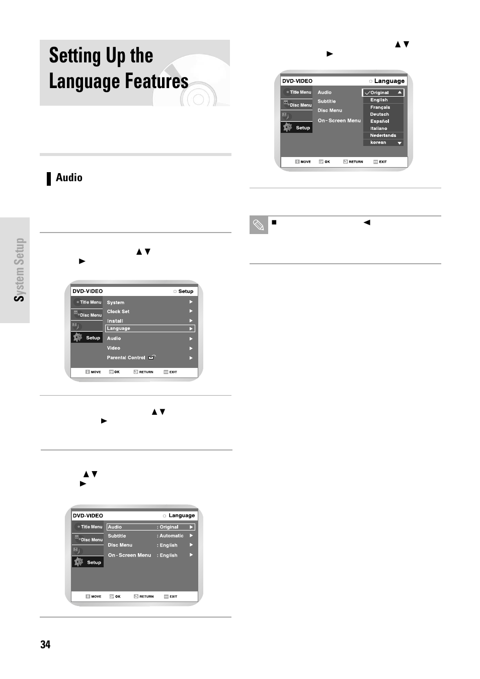 Setting up the language features, System setup | Toshiba D-VR3SB User Manual | Page 34 / 110