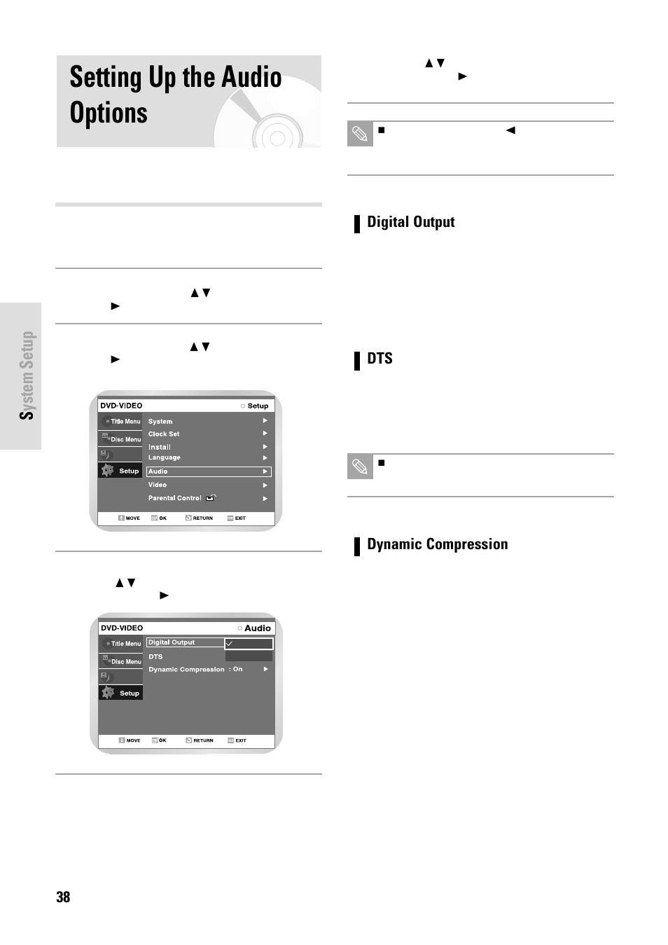 Setting up the audio options, System setup, 38 - english | Digital output, Dynamic compression | Toshiba D-VR3SB User Manual | Page 38 / 110