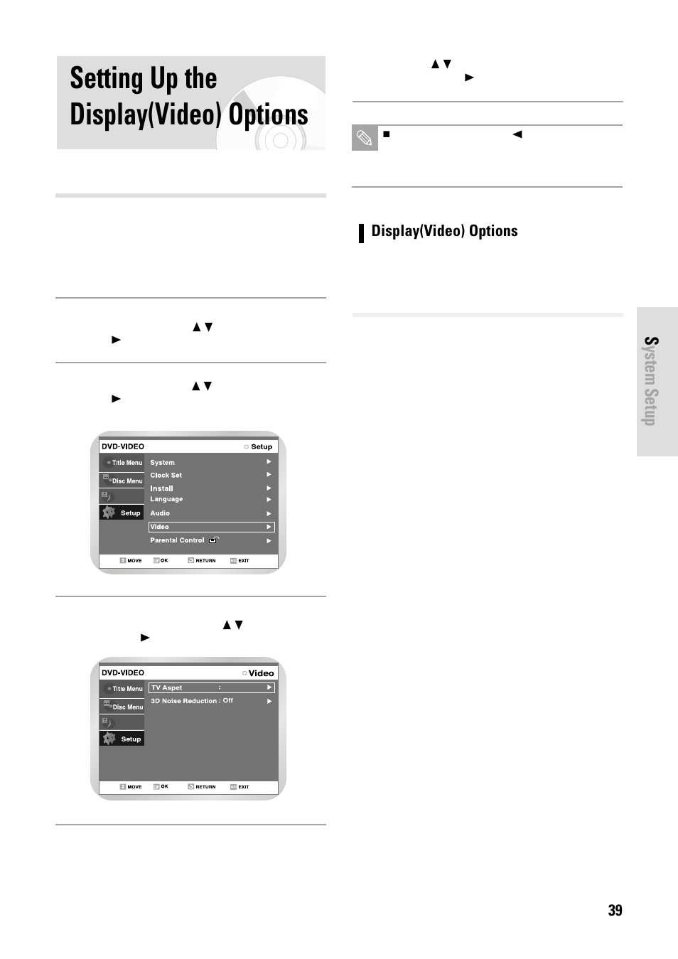 Setting up the display(video) options, System setup | Toshiba D-VR3SB User Manual | Page 39 / 110