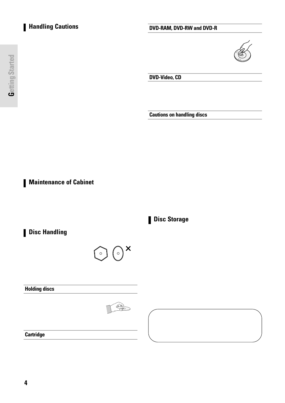 Getting started, English maintenance of cabinet, Disc handling | Handling cautions, Disc storage | Toshiba D-VR3SB User Manual | Page 4 / 110