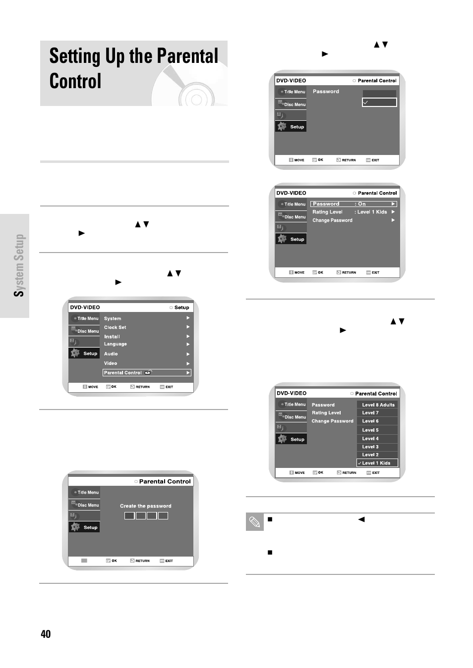 Setting up the parental control, System setup, 40 - english | Toshiba D-VR3SB User Manual | Page 40 / 110