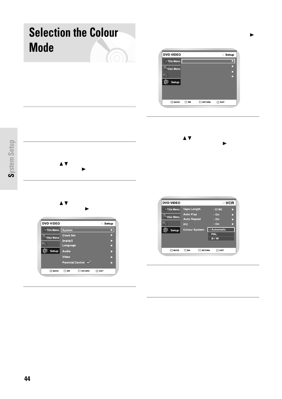 Selection the colour mode, System setup | Toshiba D-VR3SB User Manual | Page 44 / 110