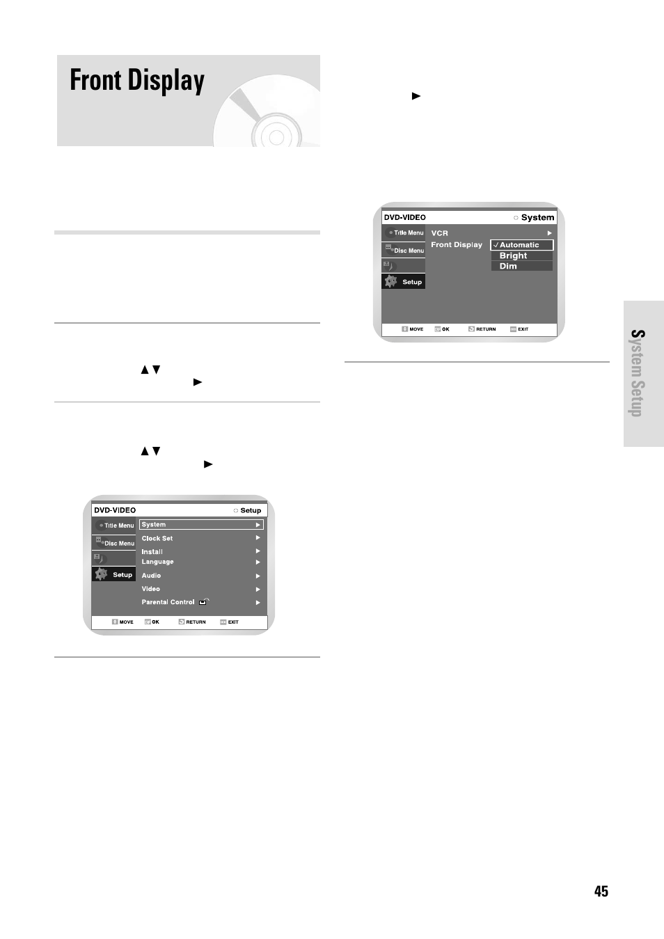 Front display, System setup | Toshiba D-VR3SB User Manual | Page 45 / 110