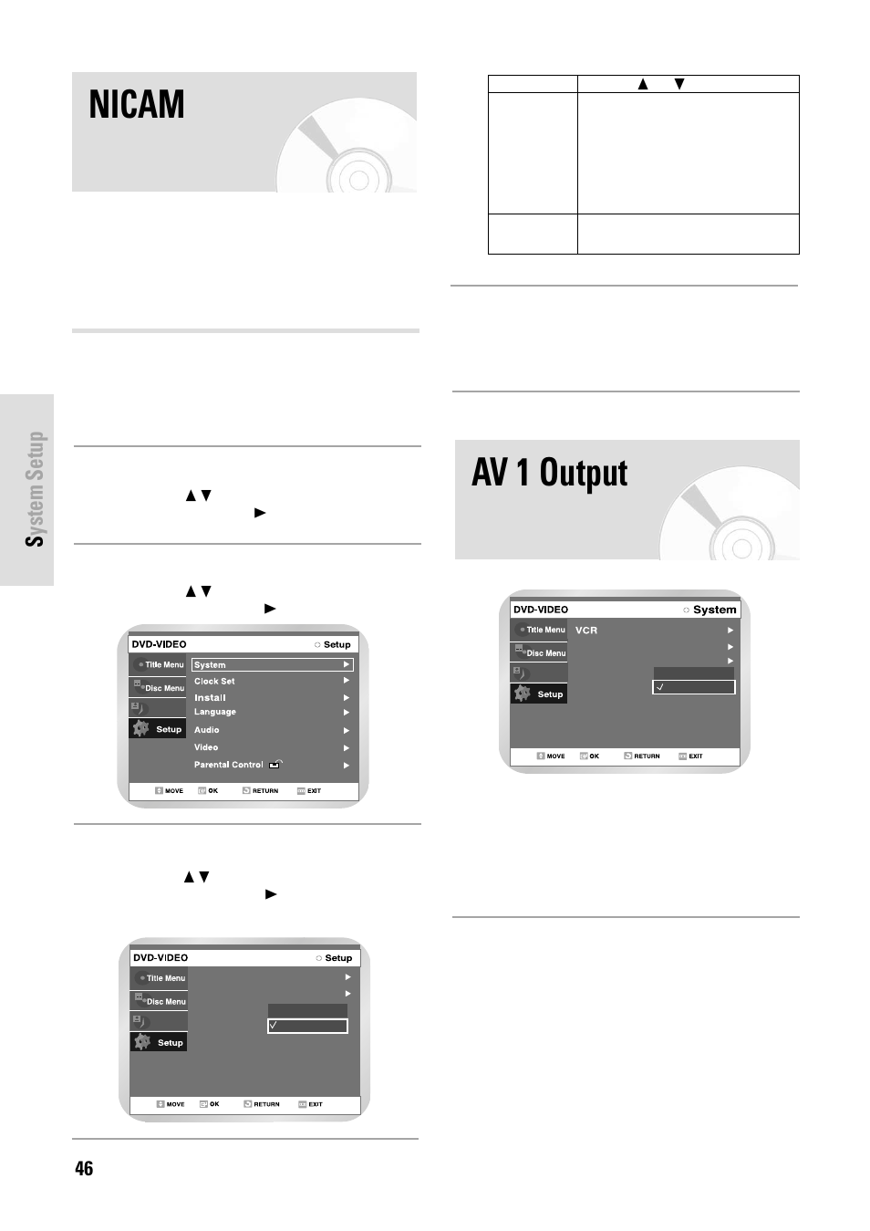 Nicam av 1 output, System setup, 46 - english | Select “setup, Open “menu, Select “system, Select “nicam | Toshiba D-VR3SB User Manual | Page 46 / 110