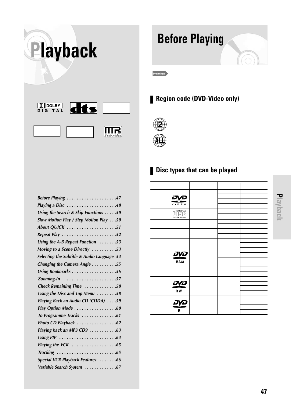 Before playing, Stereo, Playback | English - 47 | Toshiba D-VR3SB User Manual | Page 47 / 110