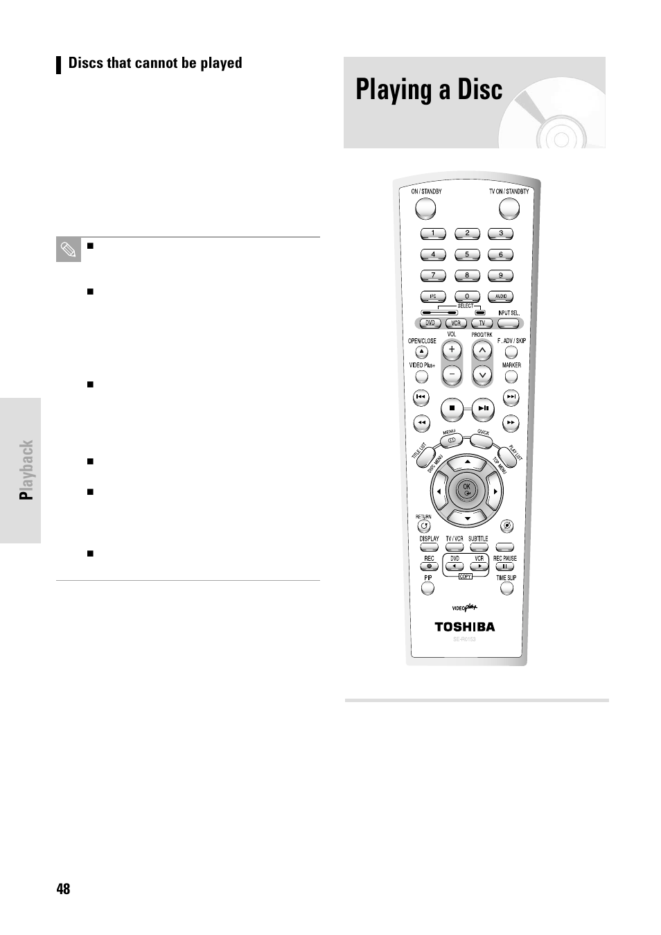 Playing a disc, Playback, 48 - english | Discs that cannot be played | Toshiba D-VR3SB User Manual | Page 48 / 110