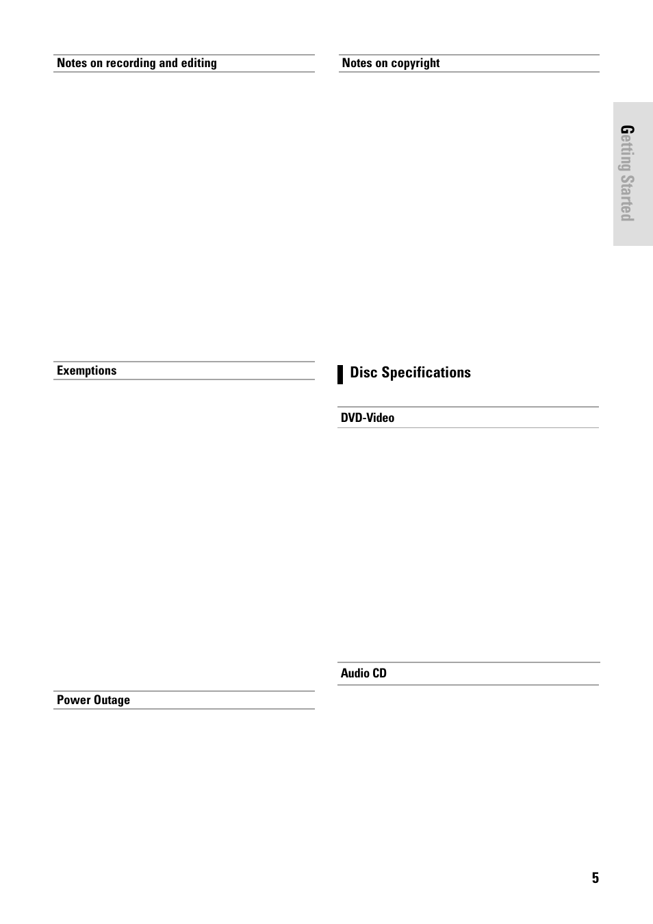 Getting started, English - 5, Disc specifications | Toshiba D-VR3SB User Manual | Page 5 / 110