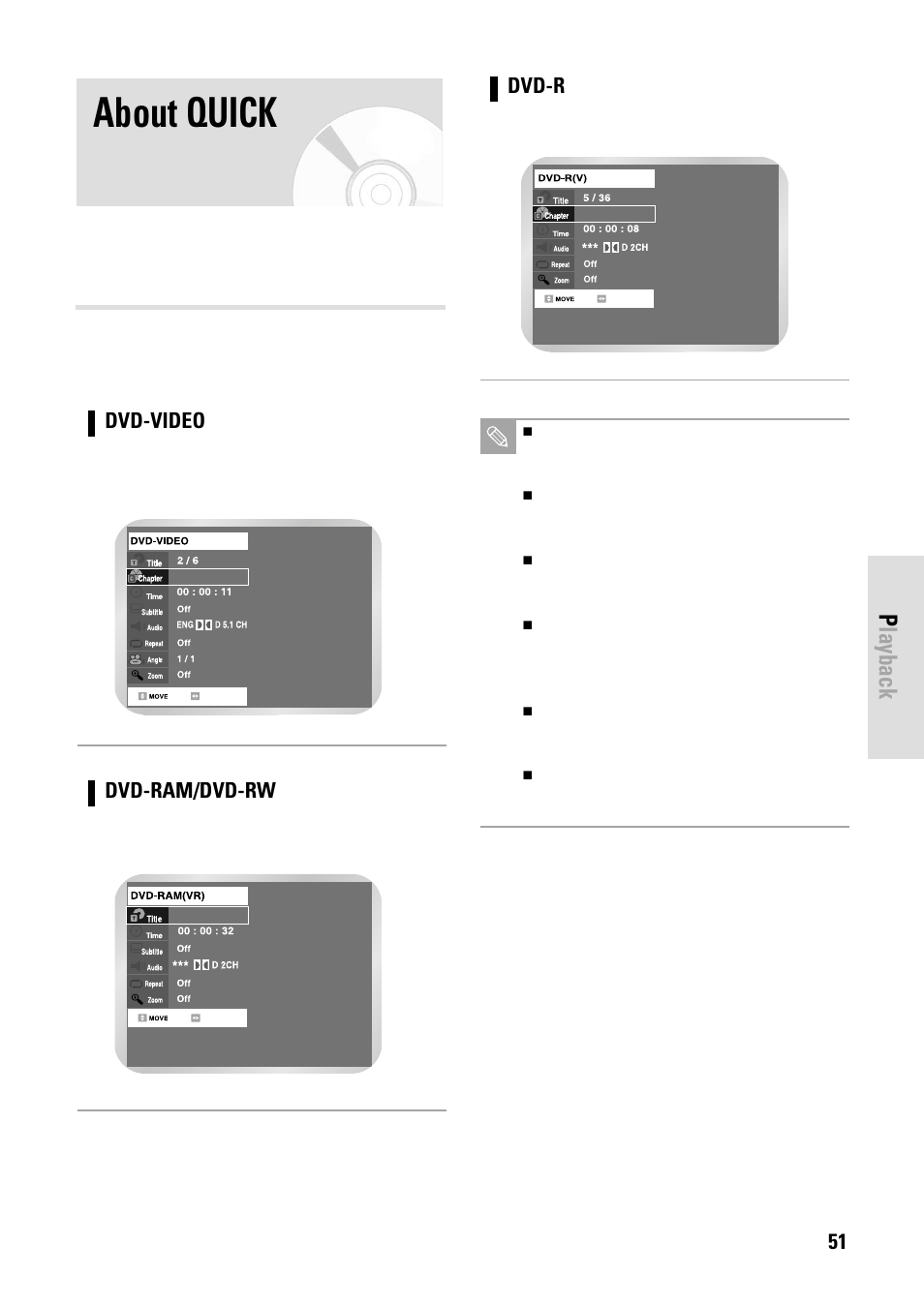 About quick, Playback, English - 51 | Dvd-video, Dvd-ram/dvd-rw, Dvd-r | Toshiba D-VR3SB User Manual | Page 51 / 110