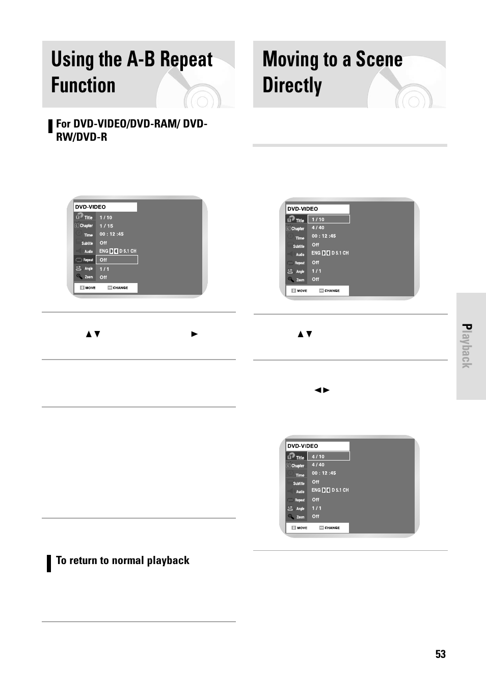 Moving to a scene directly, Using the a-b repeat function | Toshiba D-VR3SB User Manual | Page 53 / 110