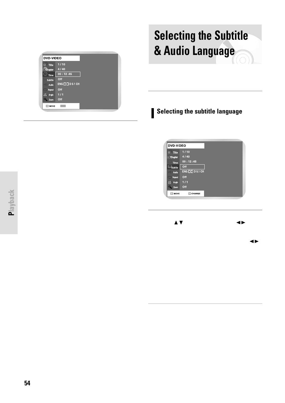 Selecting the subtitle & audio language, Playback | Toshiba D-VR3SB User Manual | Page 54 / 110