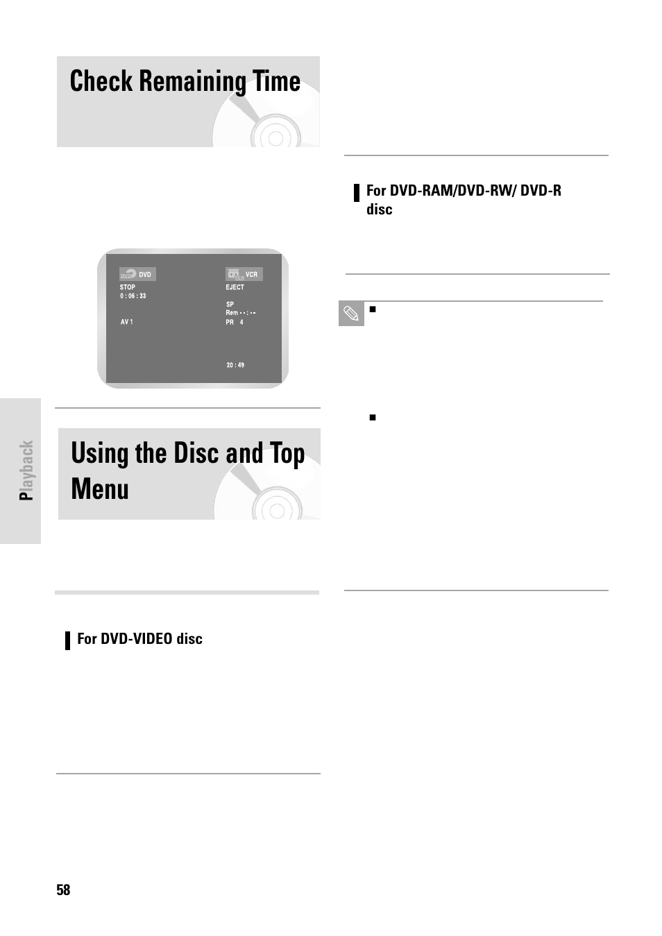 Using the disc and top menu, Check remaining time, Playback | Toshiba D-VR3SB User Manual | Page 58 / 110