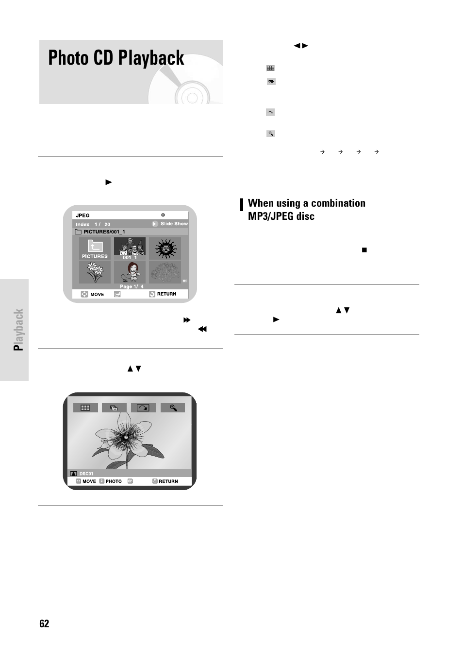 Photo cd playback, Playback, 62 - english | When using a combination mp3/jpeg disc | Toshiba D-VR3SB User Manual | Page 62 / 110