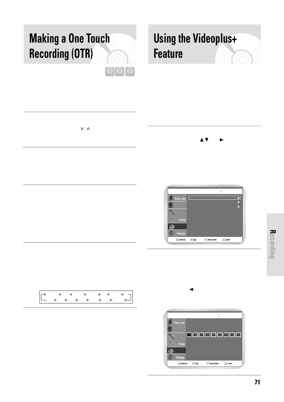 Making a one touch recording (otr), Using the videoplus+ feature, Recording | English - 71, Start recording, Activate otr, Add recording time | Toshiba D-VR3SB User Manual | Page 71 / 110