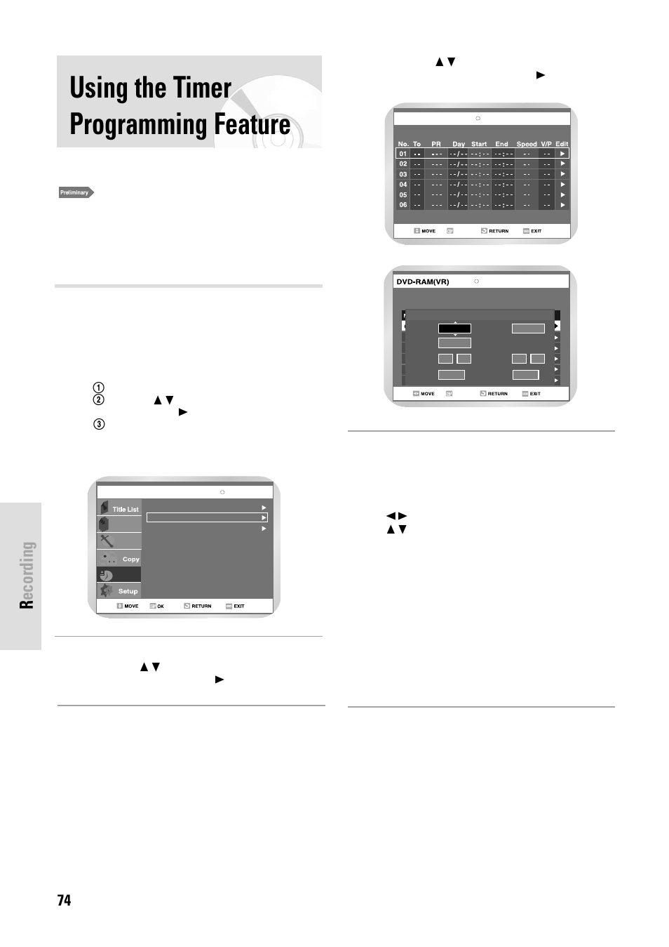 Using the timer programming feature, Recording, 74 - english | Press the video plus+ button, Set timer recording option | Toshiba D-VR3SB User Manual | Page 74 / 110